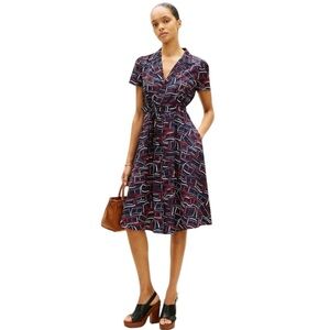 Tommy Hilfiger Navy/Red/White Fluid Printed Geometric Collared Shirt Dress 
S/P